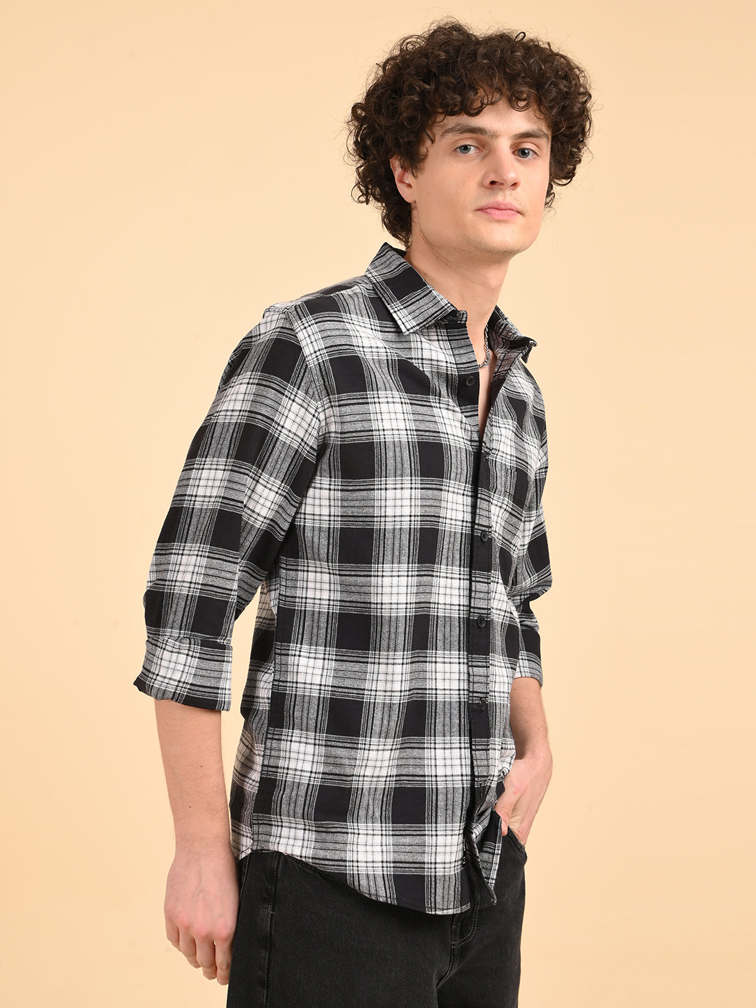 Black Khadi Linen Checks Casual Shirt