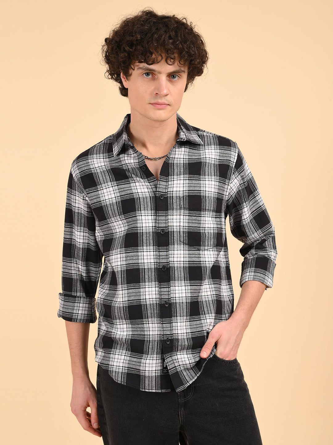 Black Khadi Linen Checks Casual Shirt