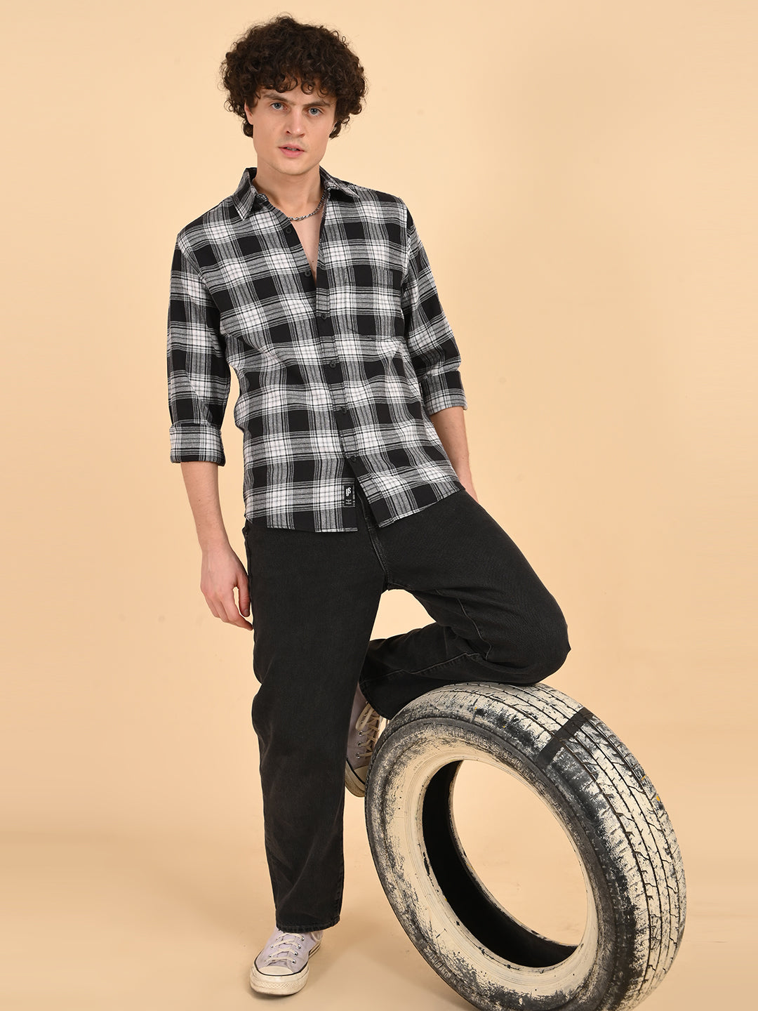 Black Khadi Linen Checks Casual Shirt