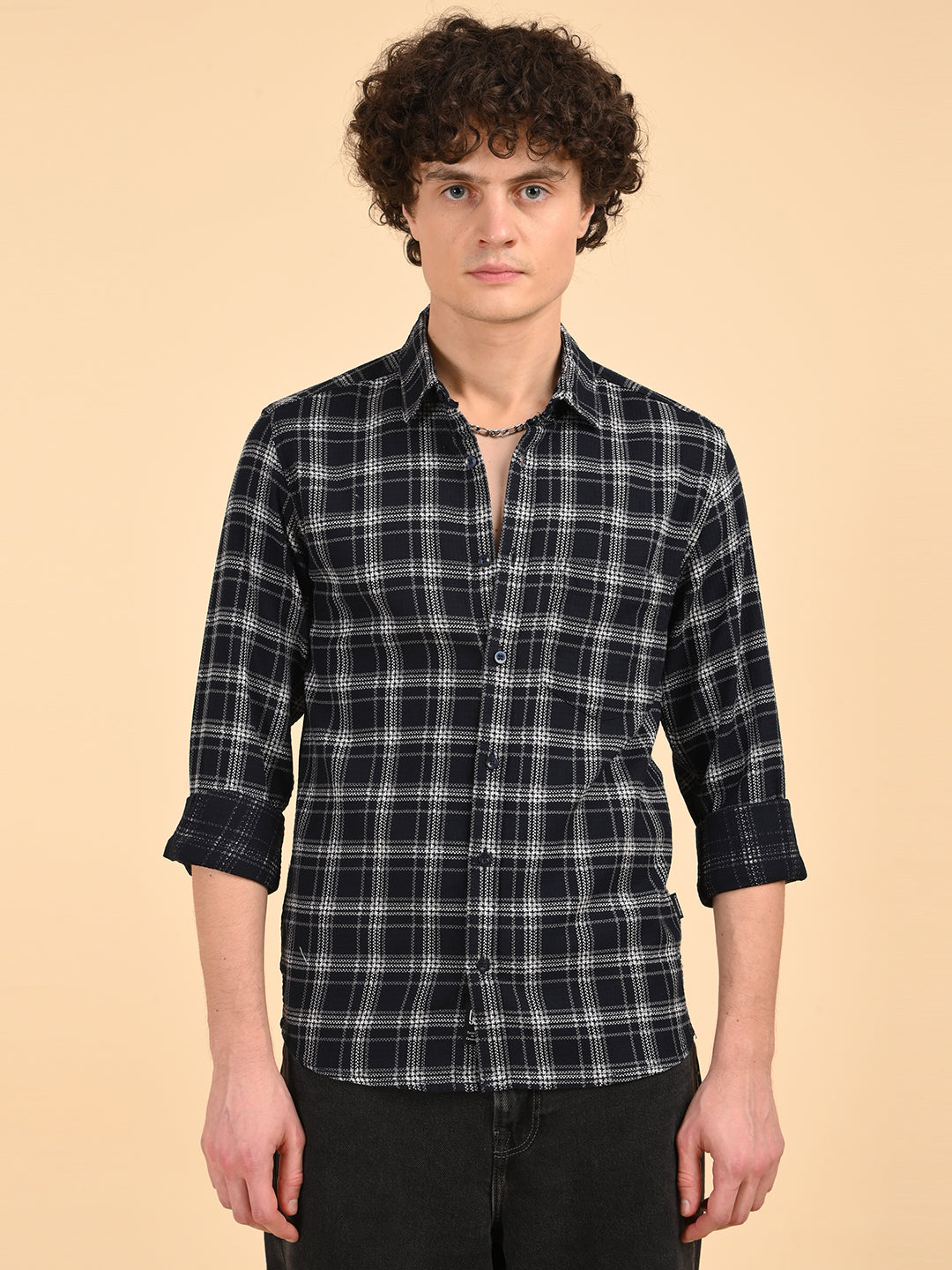 Dobby Checks Navy Cotton Casual Shirt