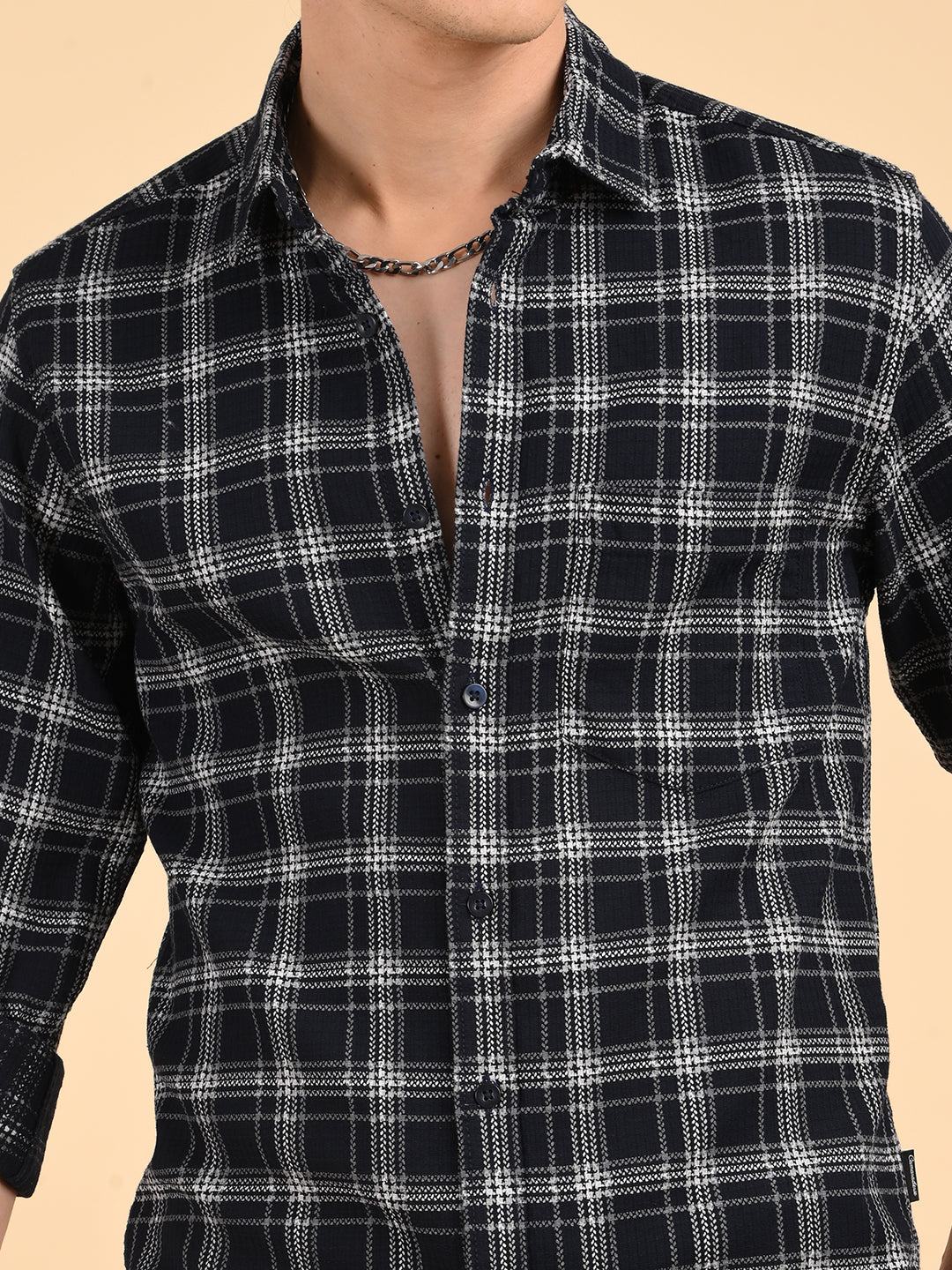 Dobby Checks Navy Cotton Casual Shirt