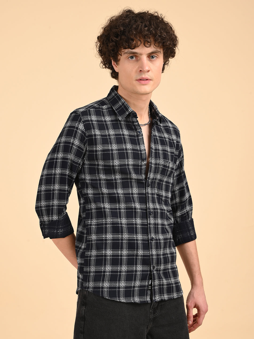 Dobby Checks Navy Cotton Casual Shirt