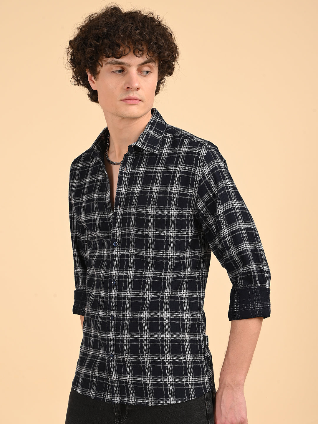 Dobby Checks Navy Cotton Casual Shirt