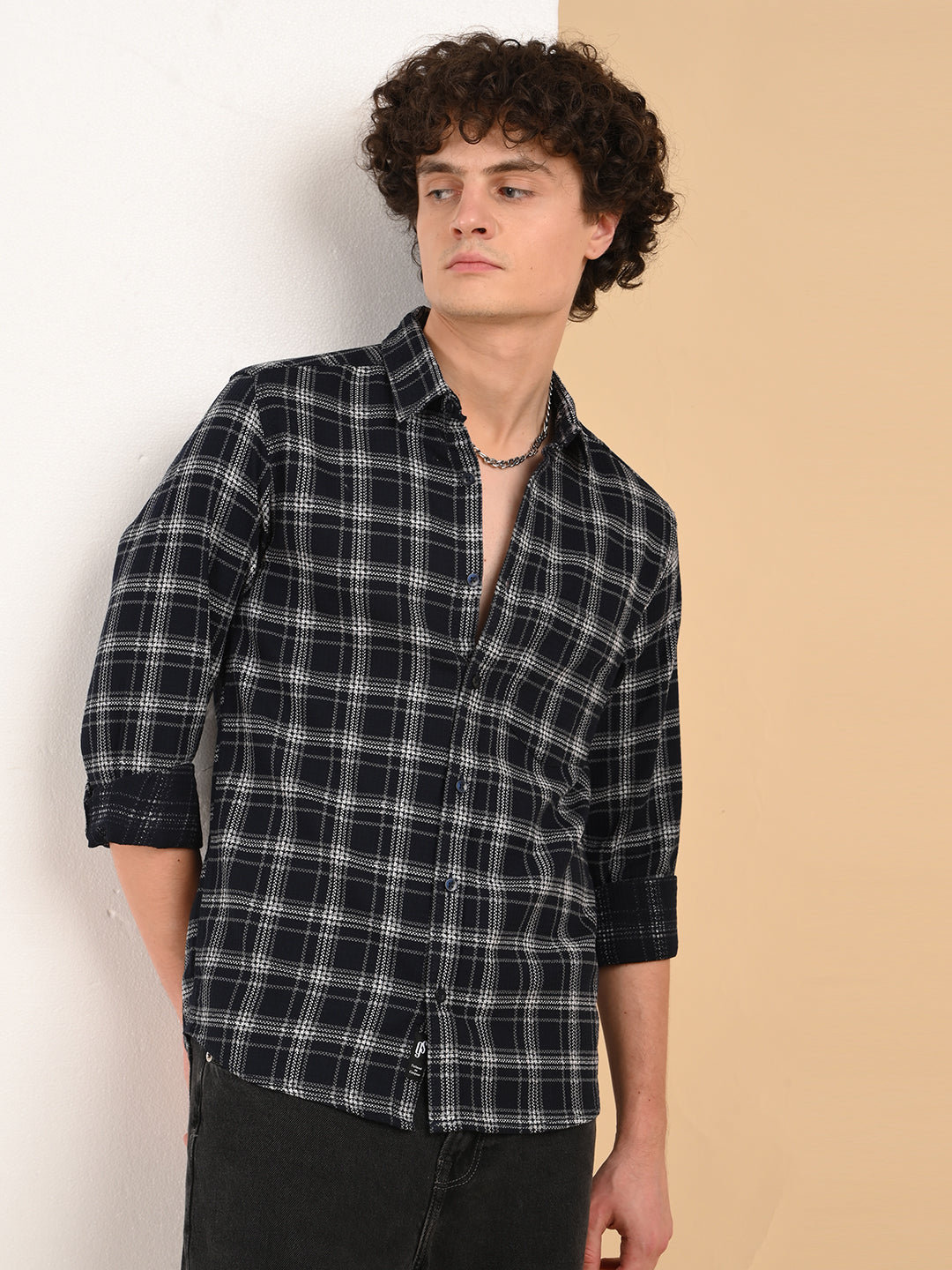 Dobby Checks Navy Cotton Casual Shirt