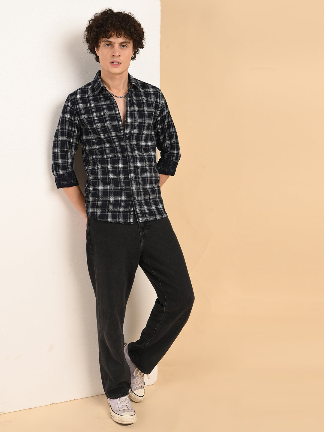 Dobby Checks Navy Cotton Casual Shirt