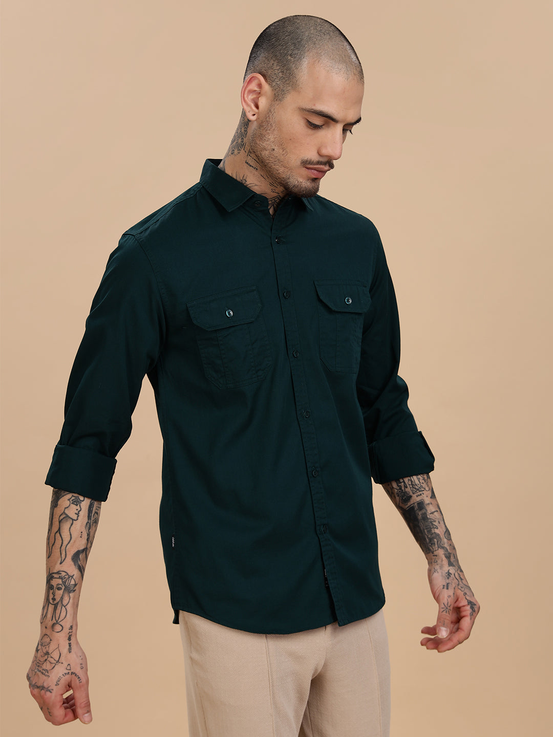 Solid Bottle Green Casual Shirt
