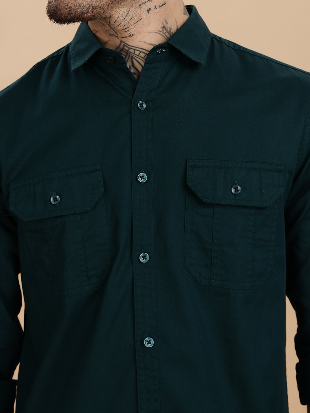 Solid Bottle Green Casual Shirt