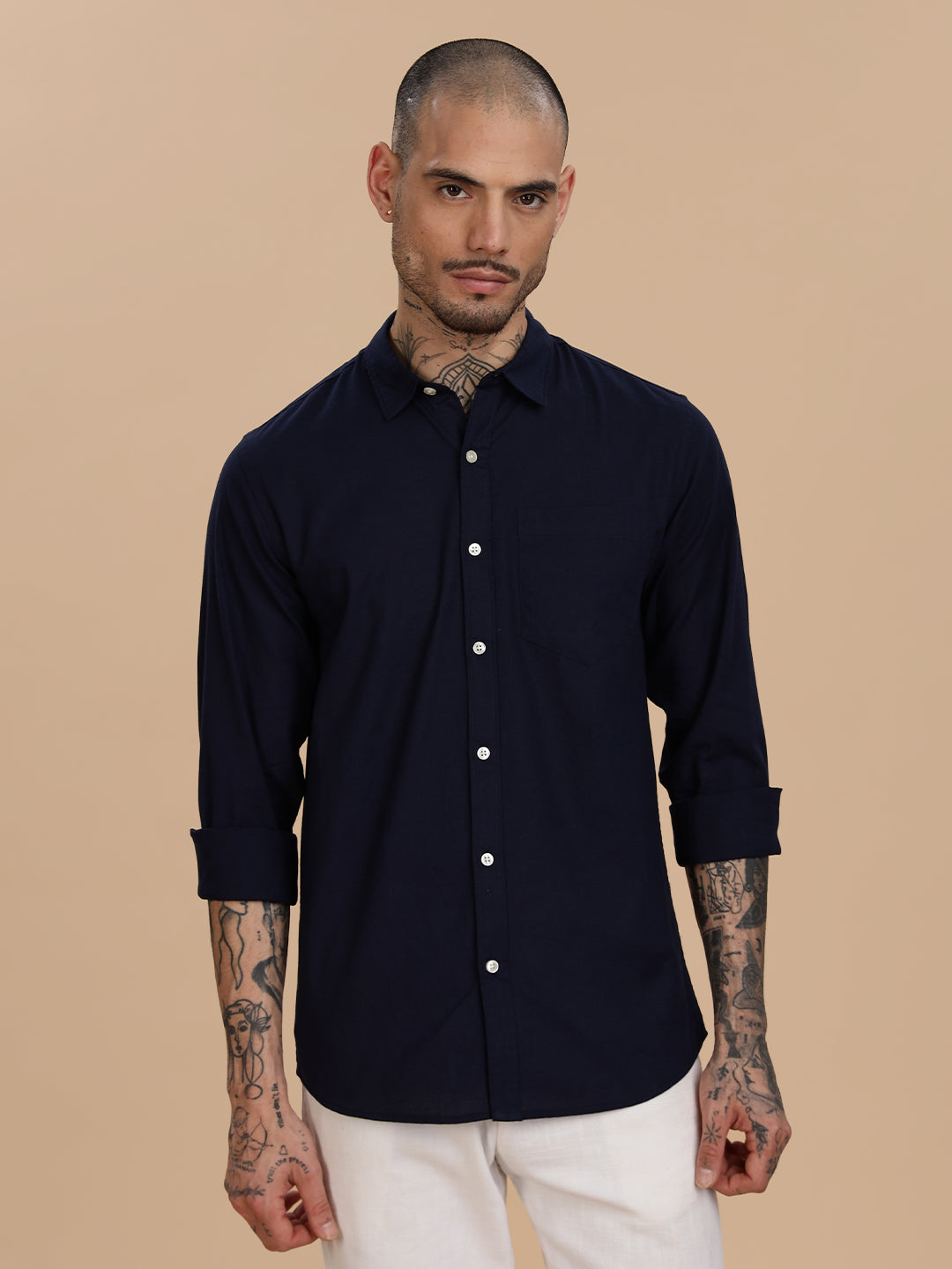 Navy Linen Solid Regular Fit Shirt