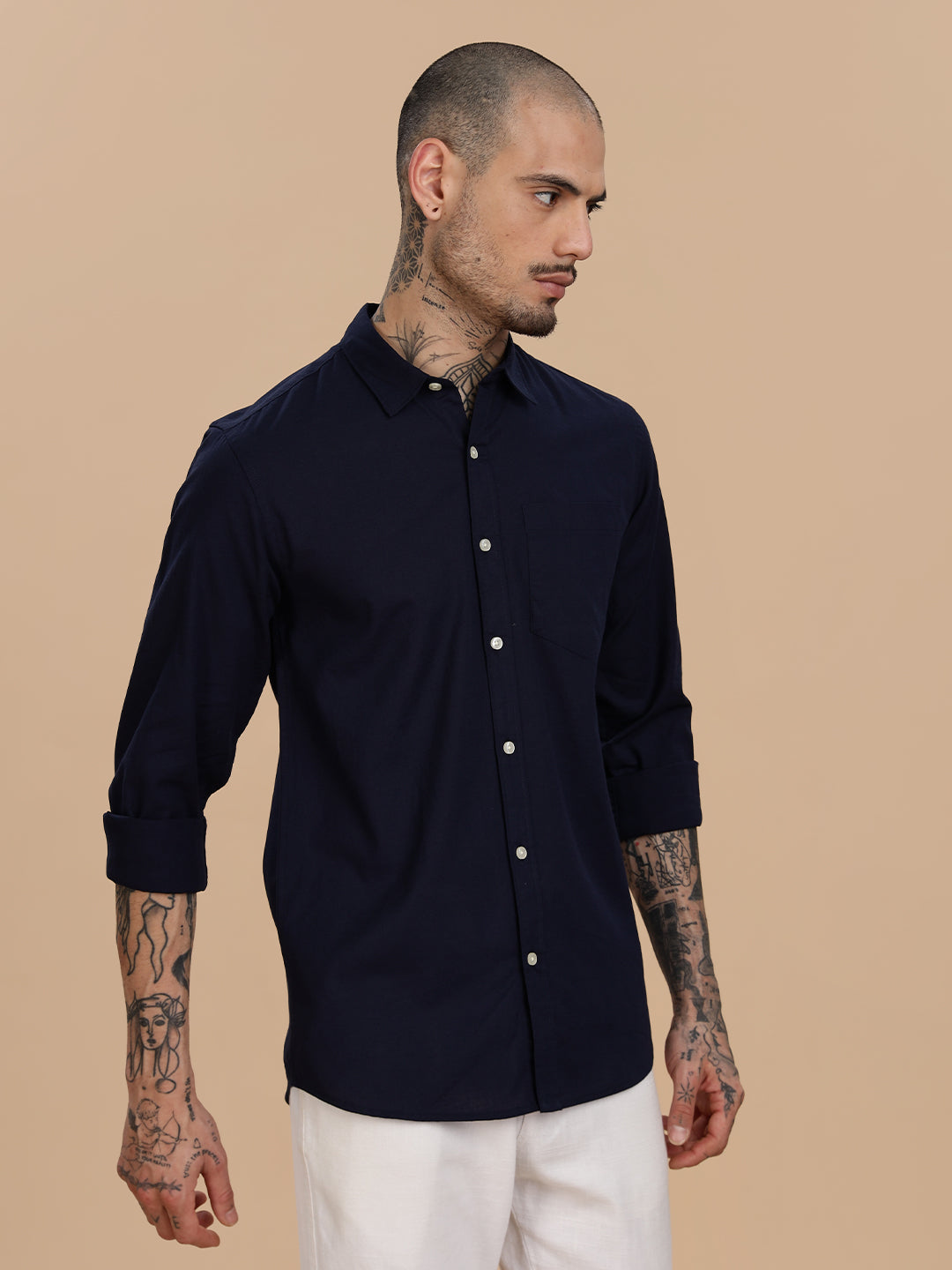 Navy Linen Solid Regular Fit Shirt