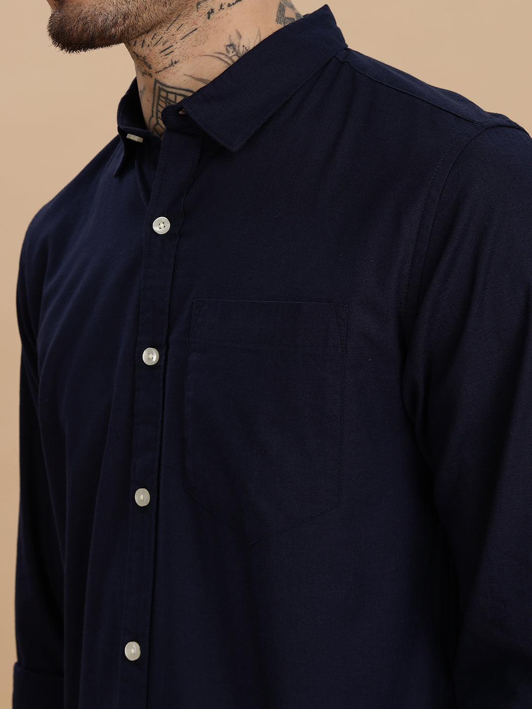 Navy Linen Solid Regular Fit Shirt