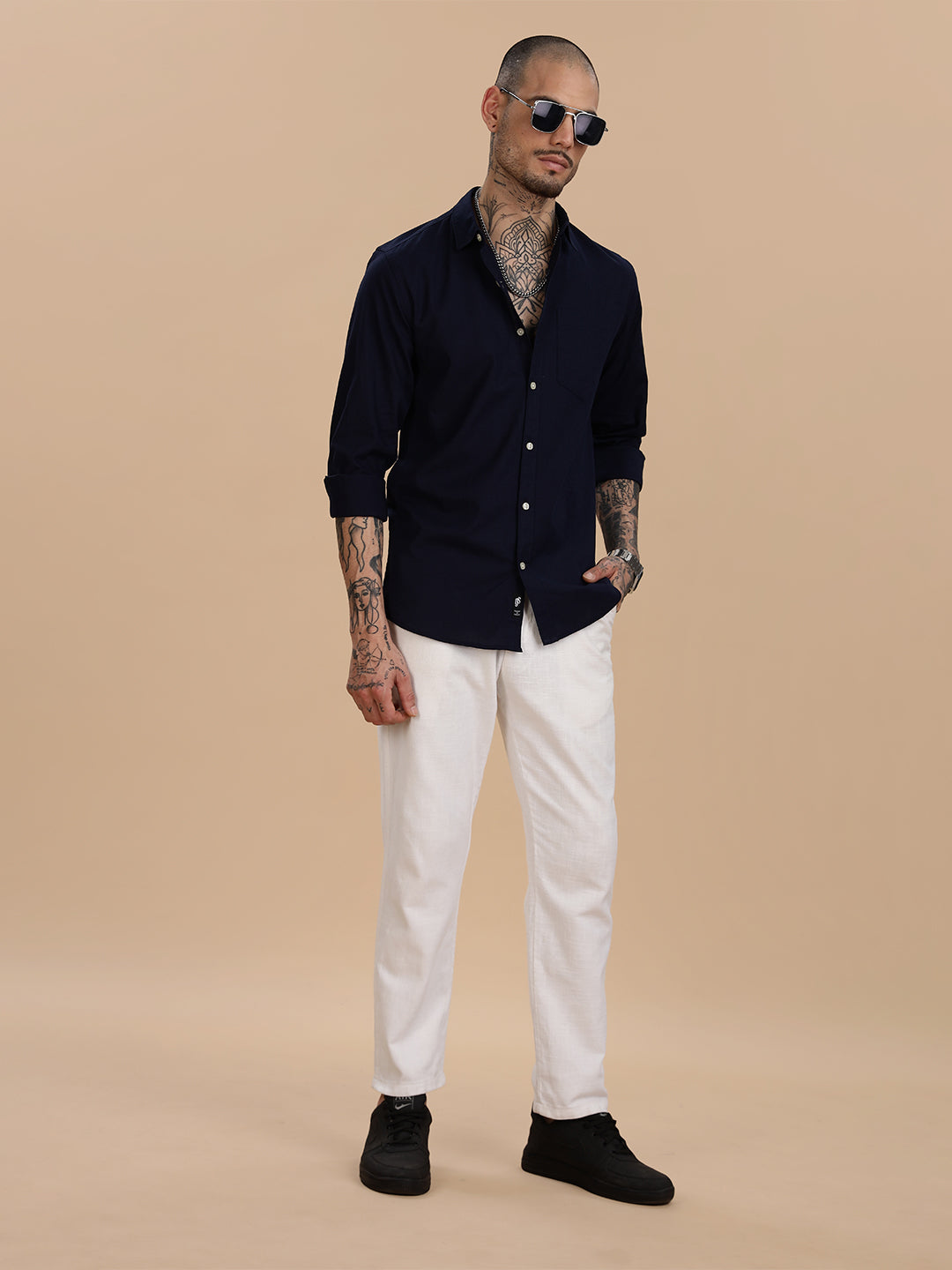 Navy Linen Solid Regular Fit Shirt