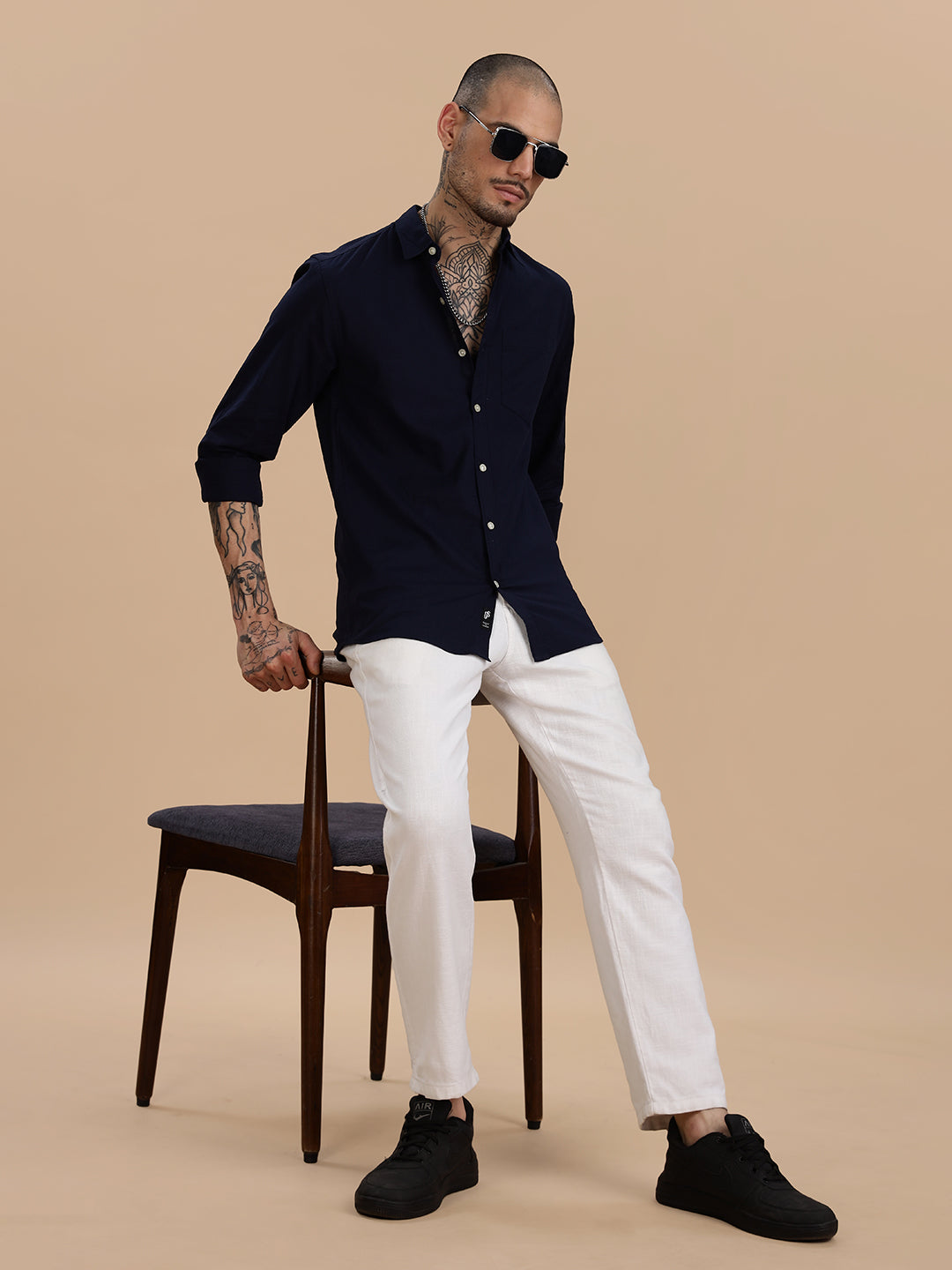 Navy Linen Solid Regular Fit Shirt