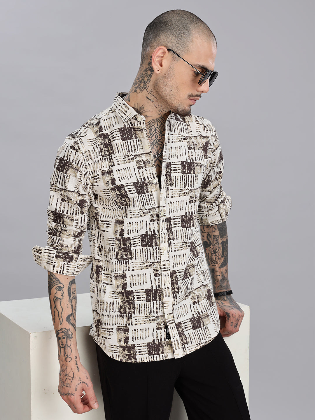 Beige Printed Cotton Linen Shirt