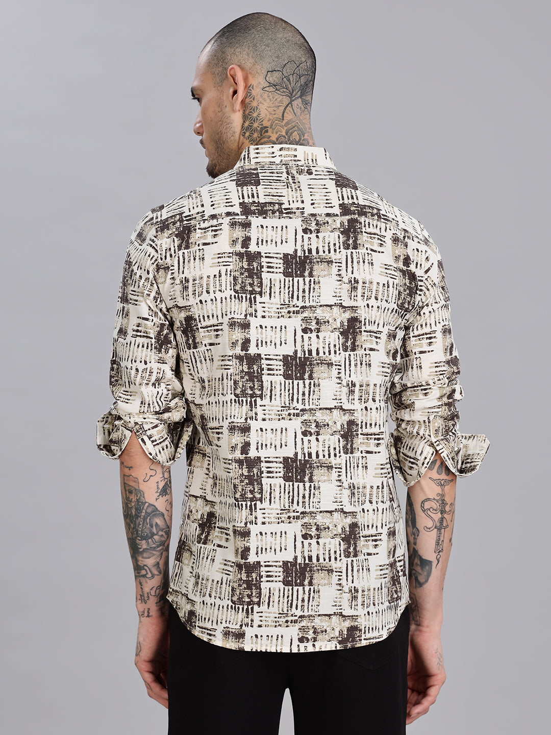 Beige Printed Cotton Linen Shirt