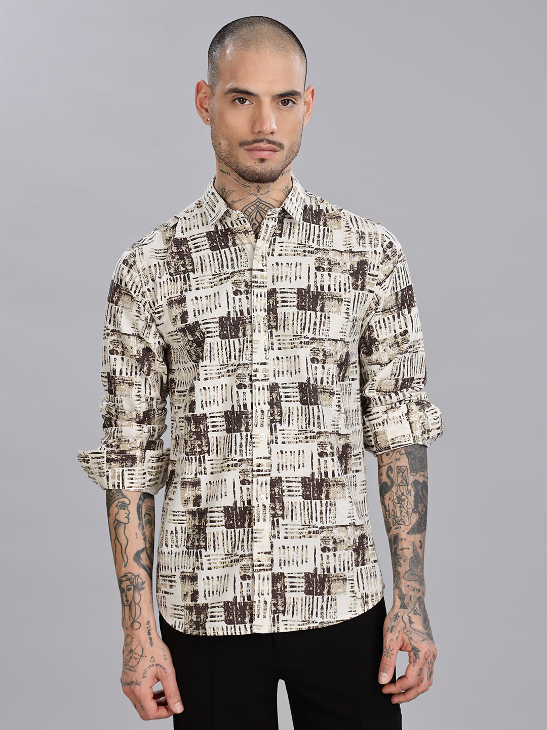 Beige Printed Cotton Linen Shirt