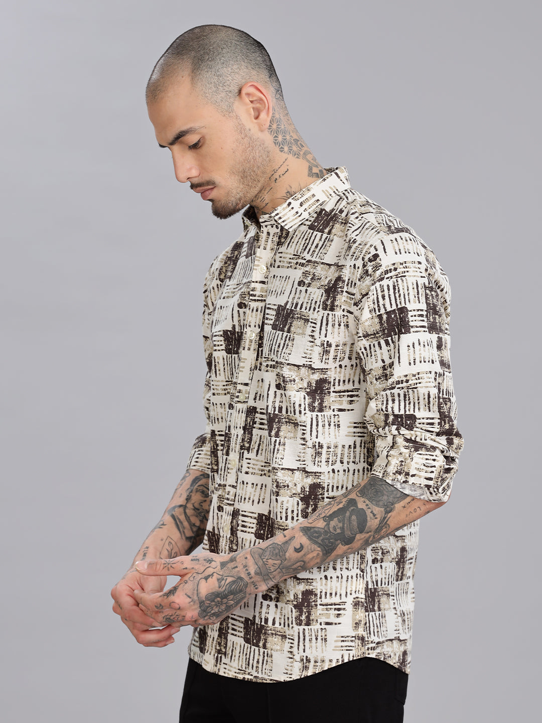Beige Printed Cotton Linen Shirt