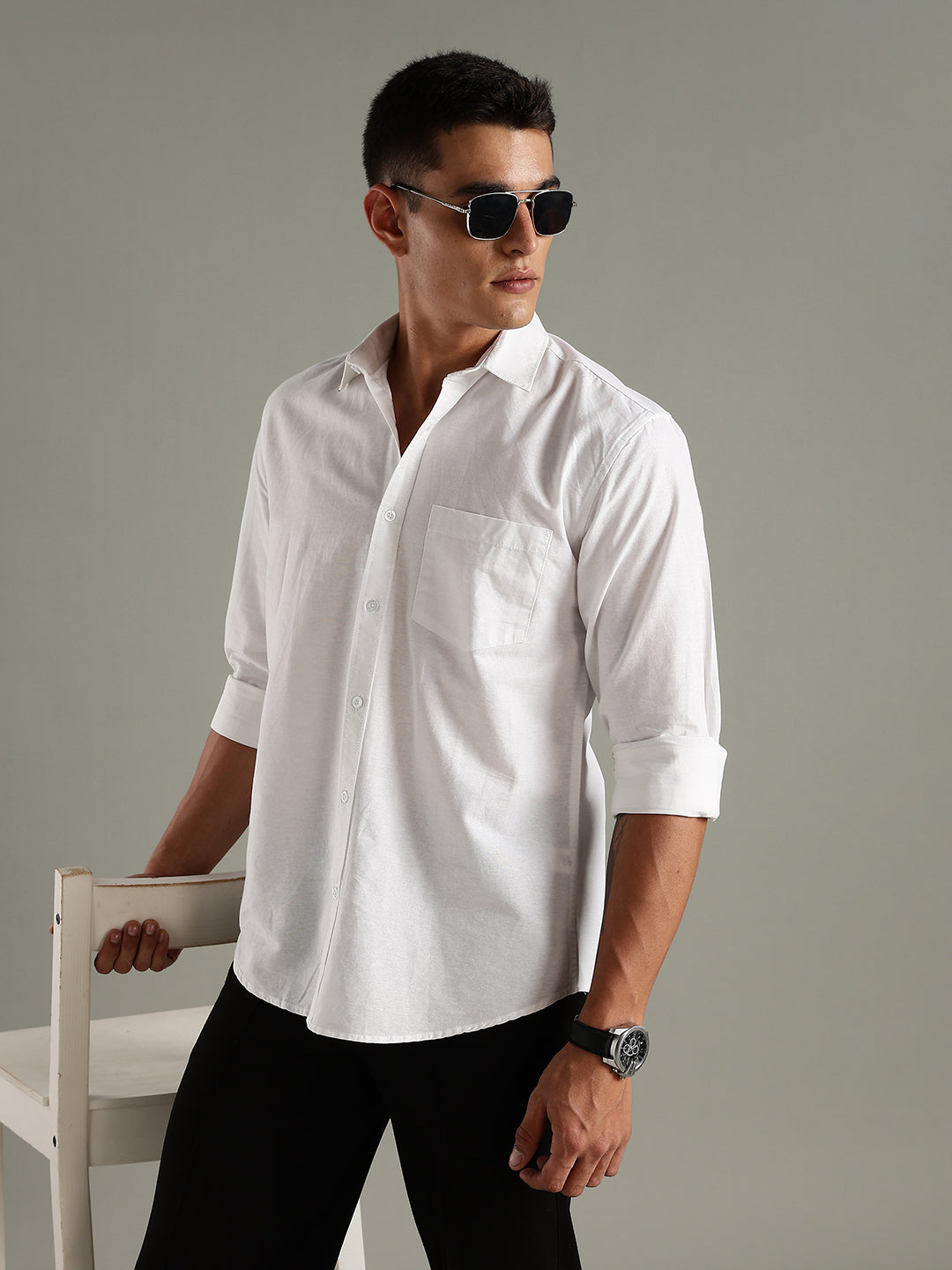 Men White Cotton Linen Slim Fit Spread Collar Classic Shirt