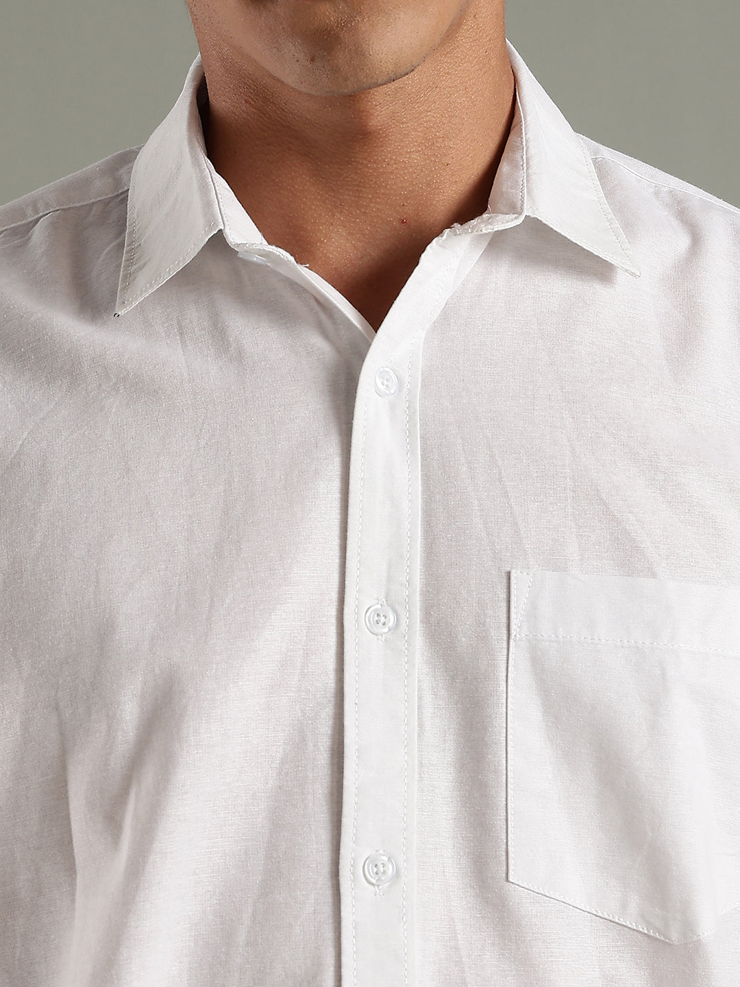Men White Cotton Linen Slim Fit Spread Collar Classic Shirt