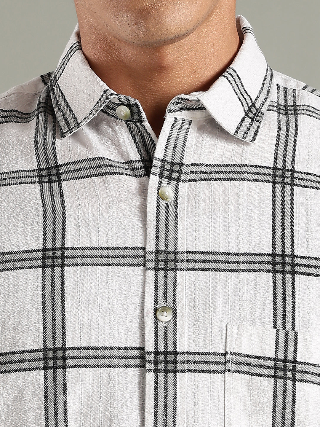 Men White Cotton Dobby Checks Shirt