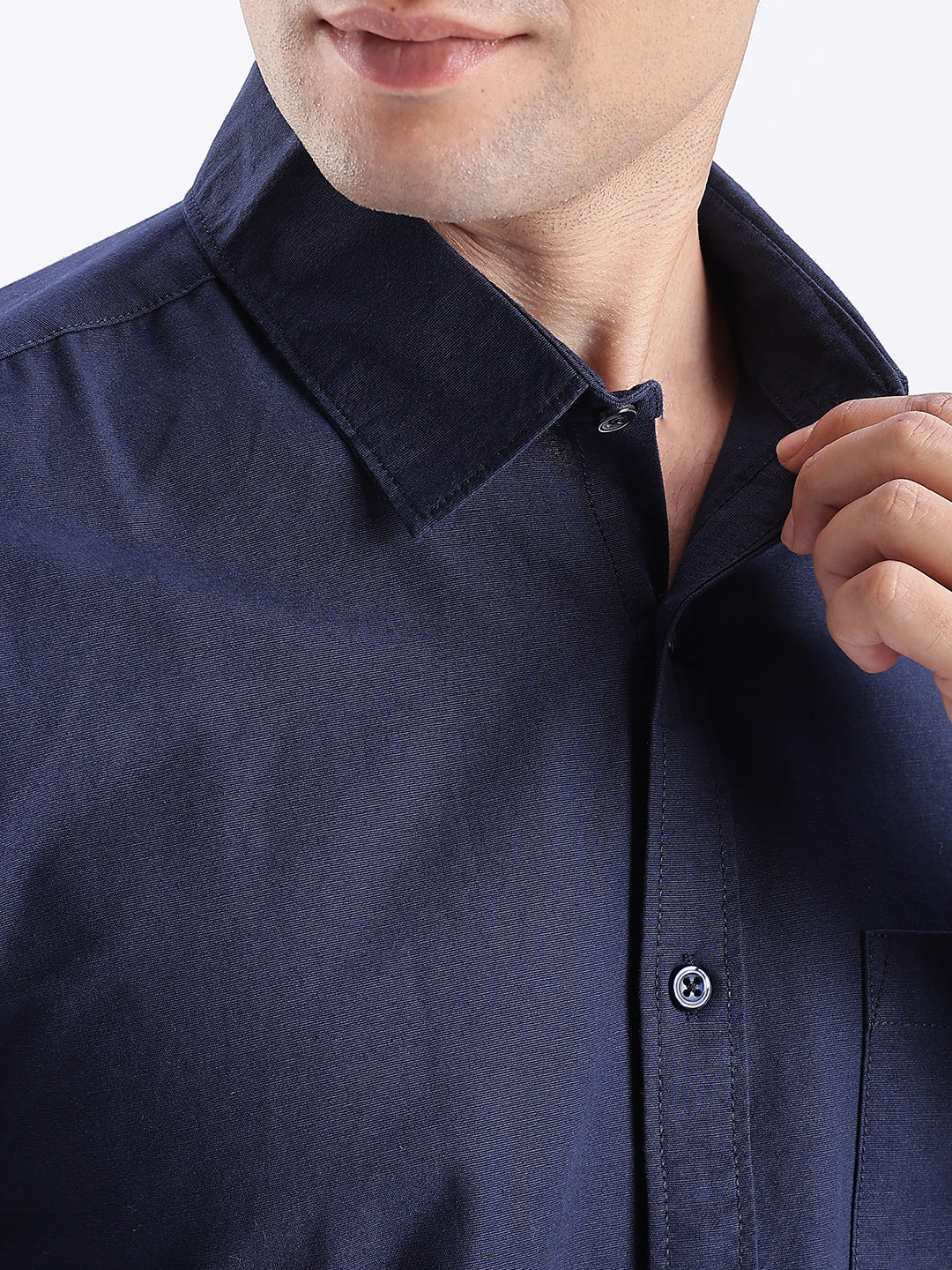 Men Navy Cotton Linen Slim Fit Solid Shirt