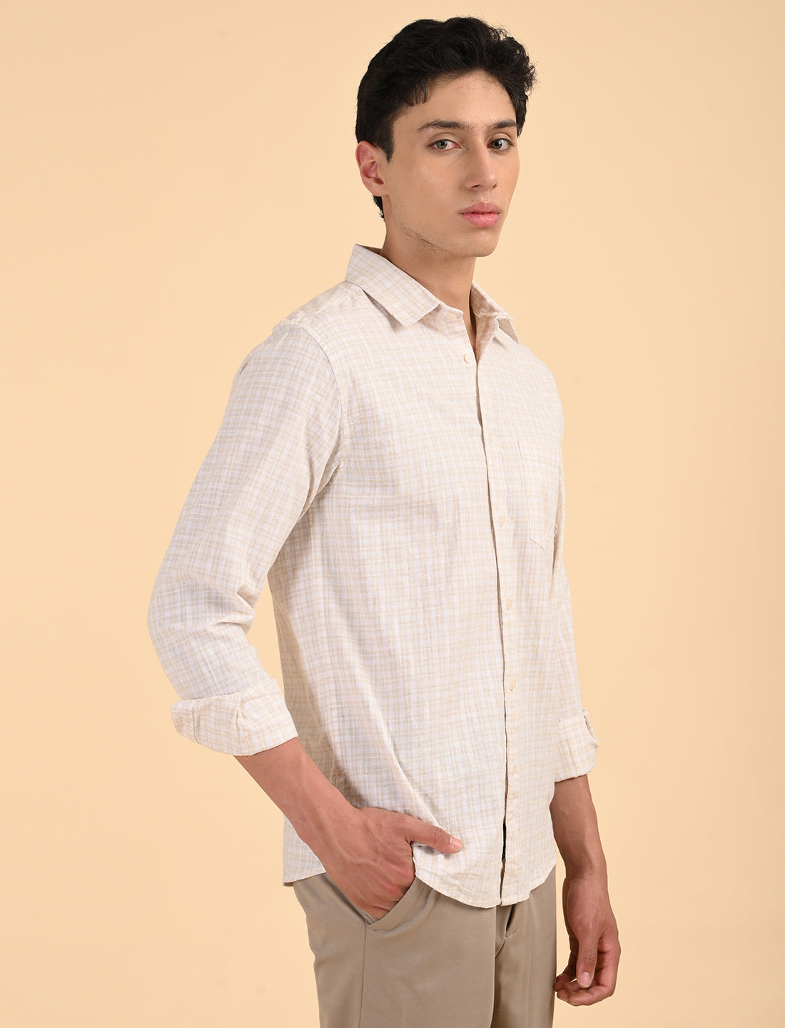 Beige Fine Checks Casual Linen Shirt