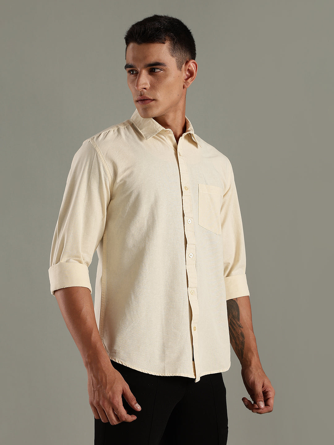 Men Yellow Cotton Linen Solid Shirt