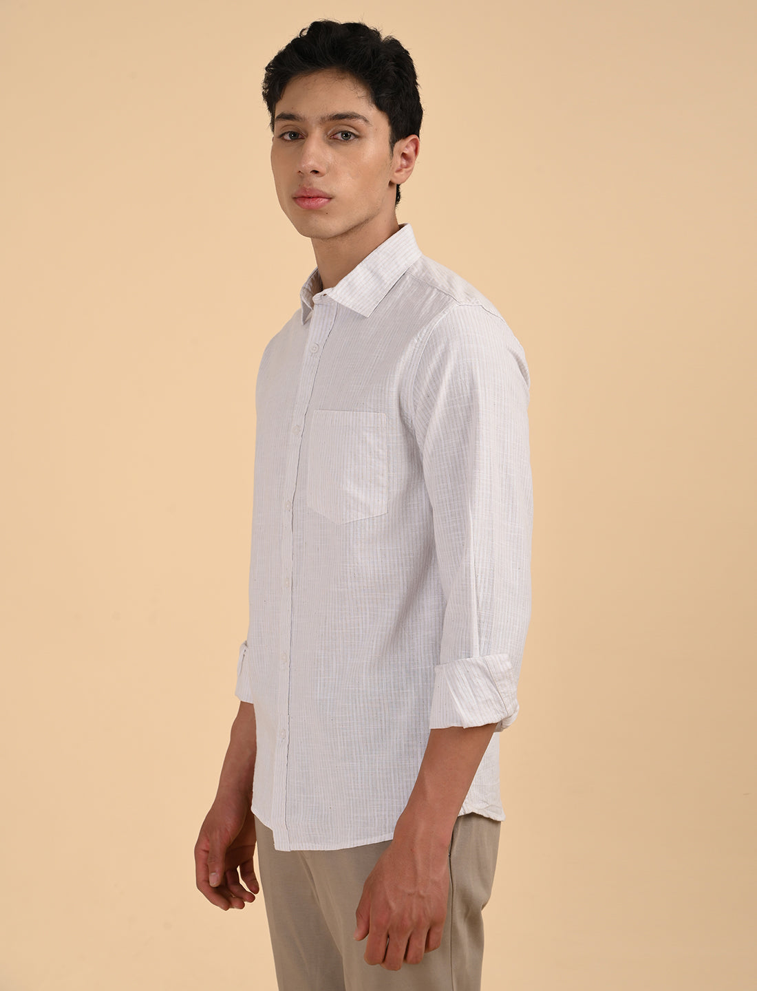 Khadi Linen Beige Stripes Casual Shirt