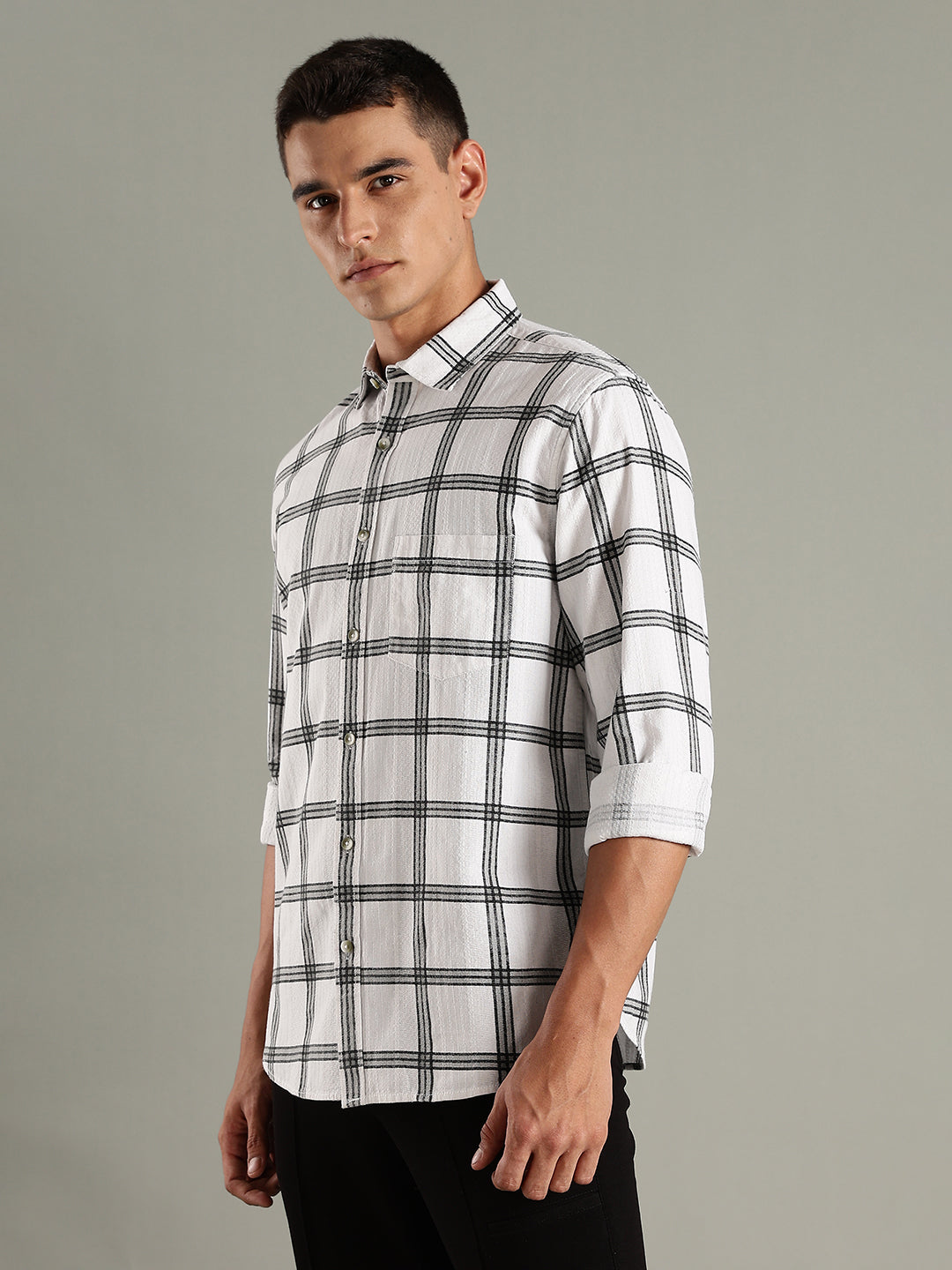 Men White Cotton Dobby Checks Shirt
