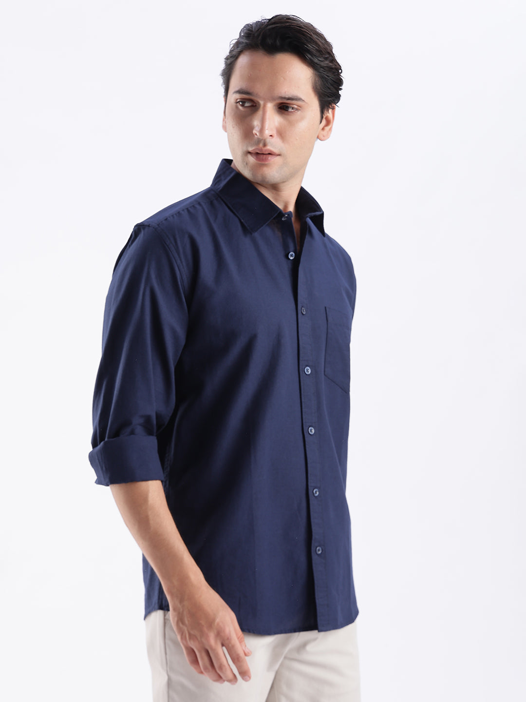 Men Navy Cotton Linen Slim Fit Solid Shirt