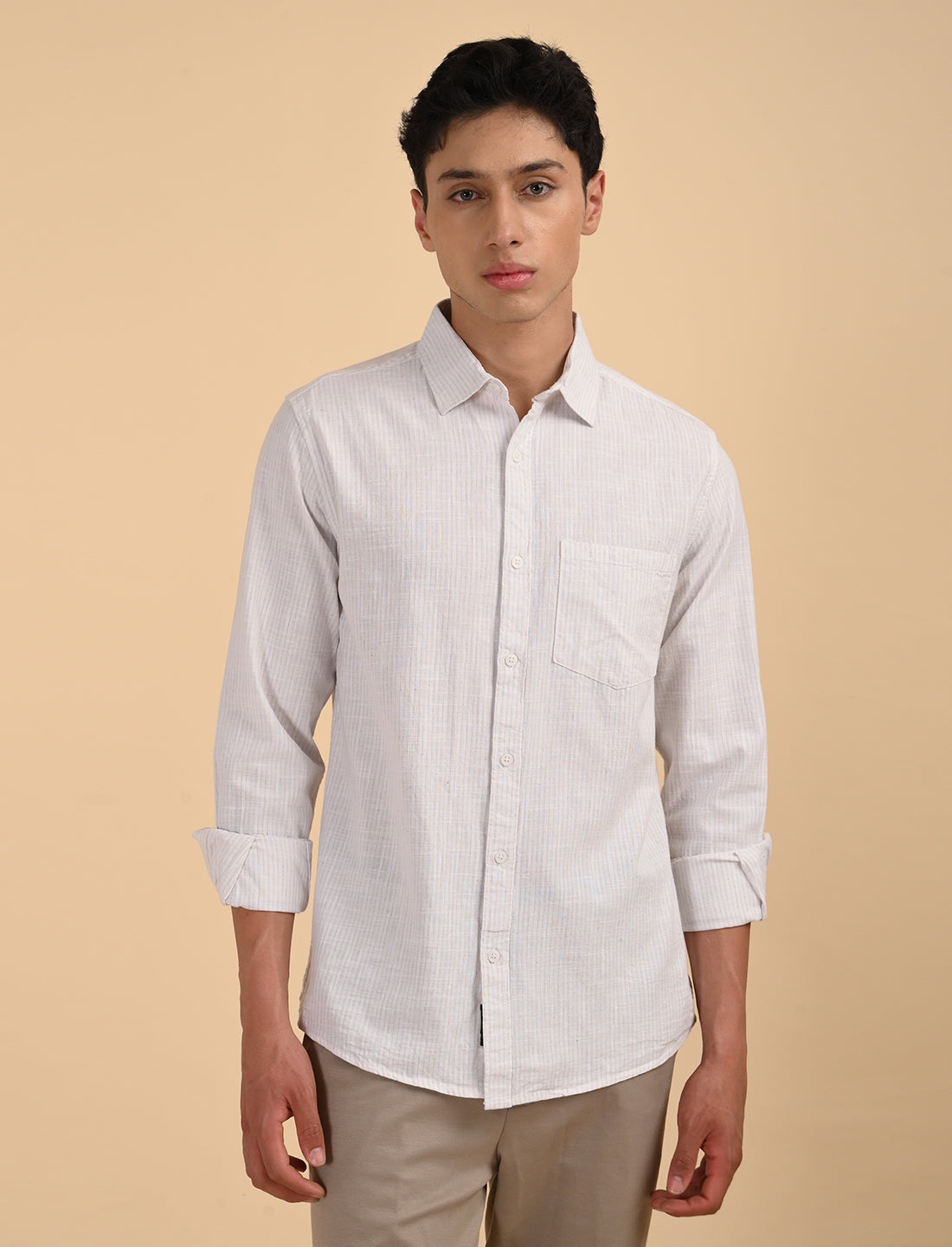 Khadi Linen Beige Stripes Casual Shirt