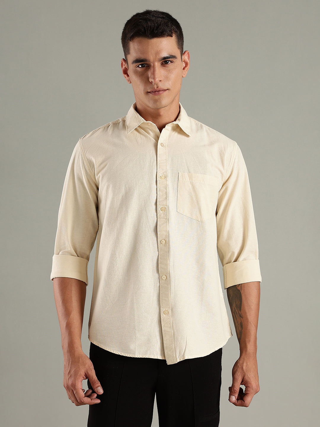 Men Yellow Cotton Linen Solid Shirt