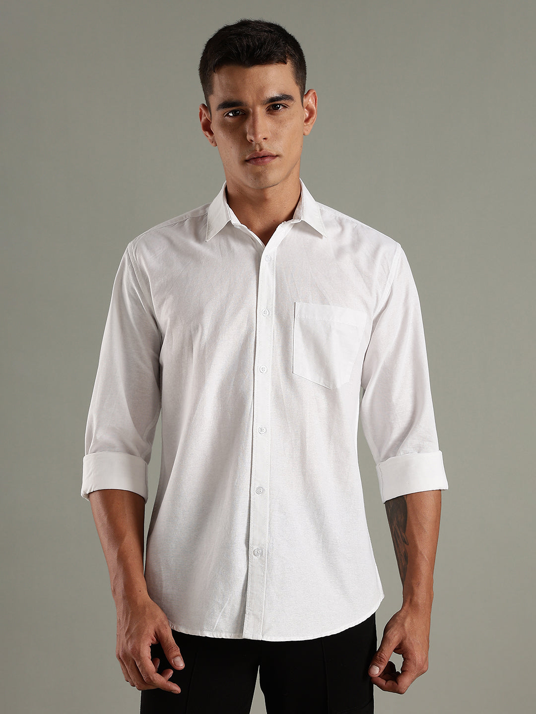 Men White Cotton Linen Slim Fit Spread Collar Classic Shirt