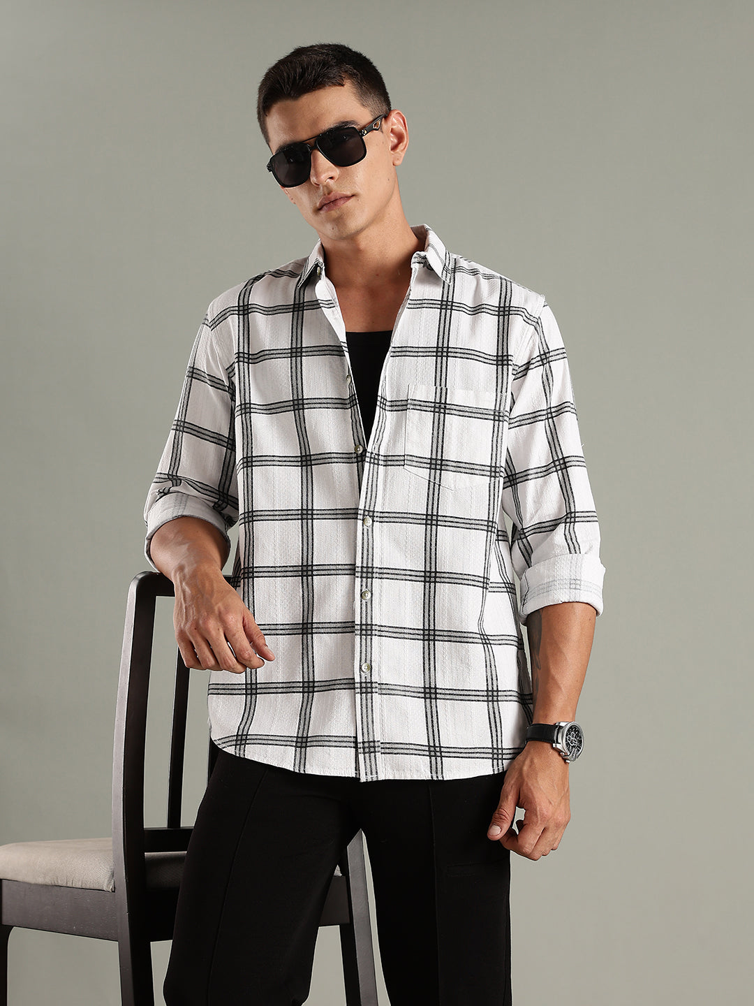Men White Cotton Dobby Checks Shirt