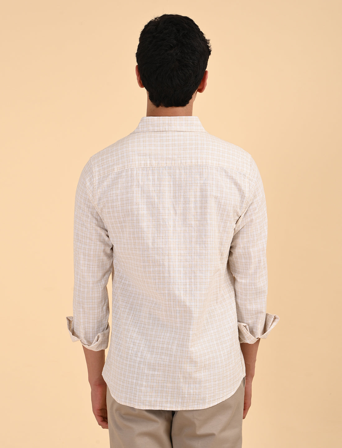 Beige Fine Checks Casual Linen Shirt