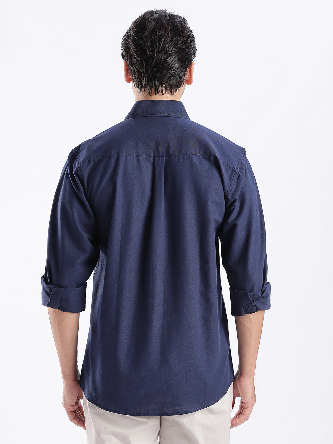 Men Navy Cotton Linen Slim Fit Solid Shirt