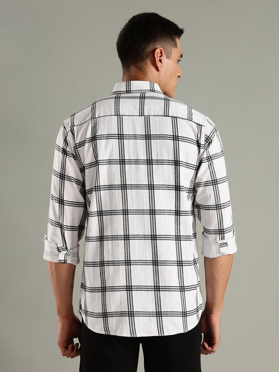 Men White Cotton Dobby Checks Shirt