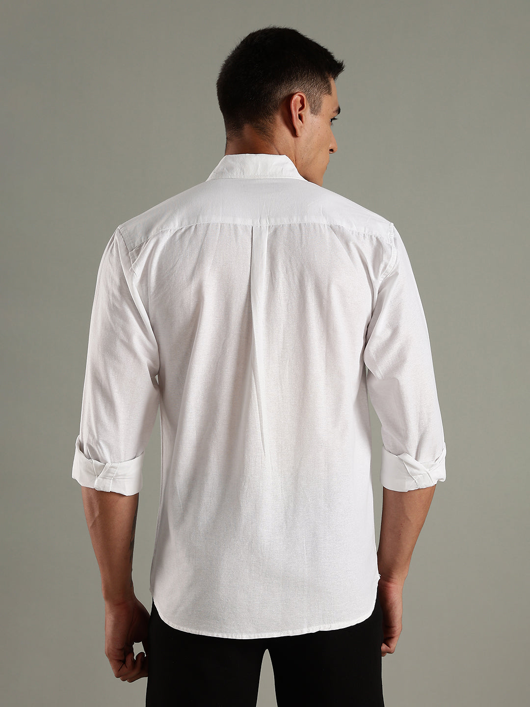 Men White Cotton Linen Slim Fit Spread Collar Classic Shirt