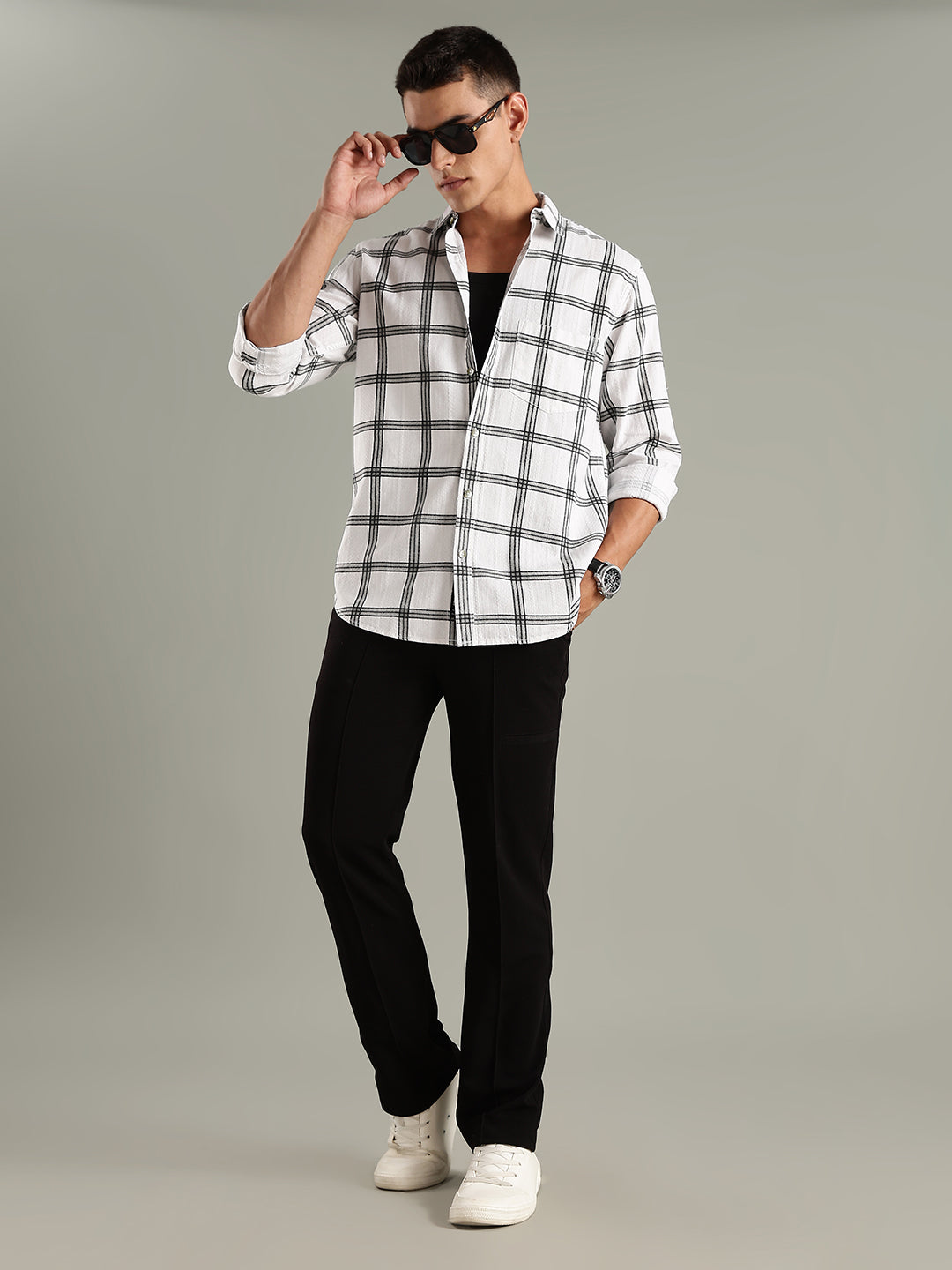 Men White Cotton Dobby Checks Shirt