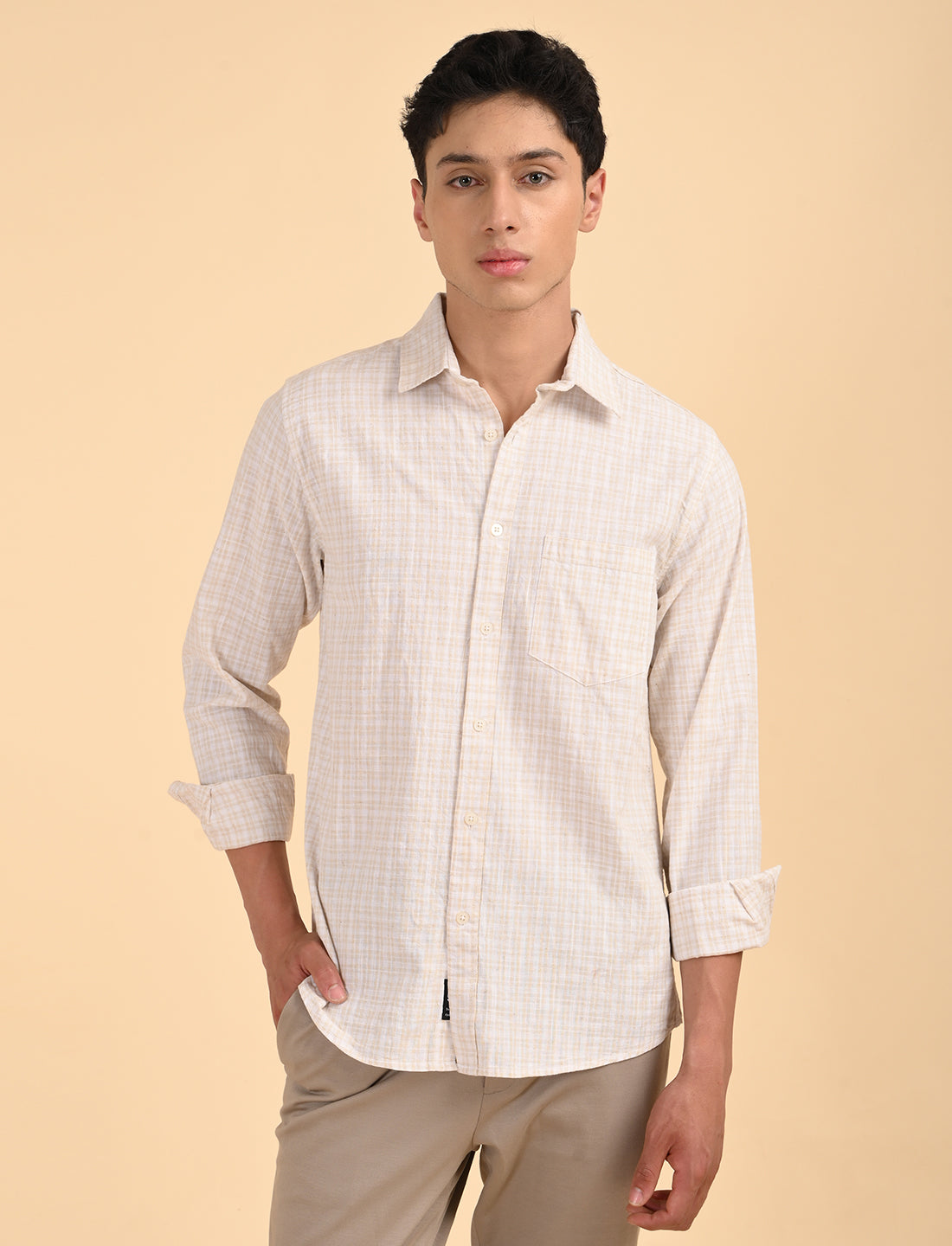 Beige Fine Checks Casual Linen Shirt