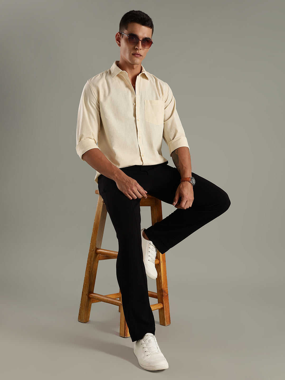 Men Yellow Cotton Linen Solid Shirt