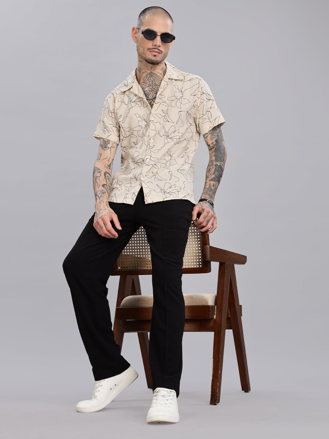 Beige Cotton Printed Shirt