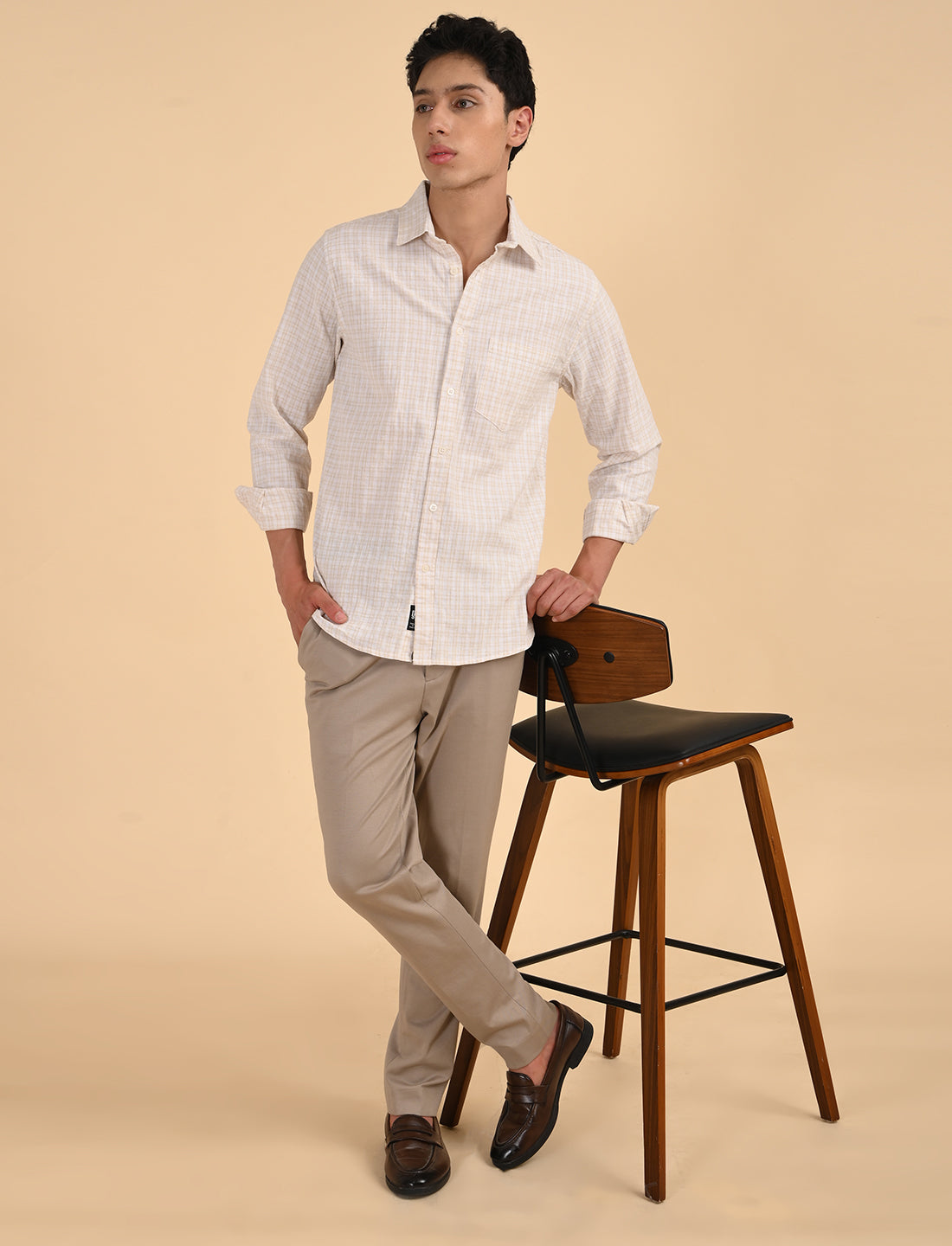 Beige Fine Checks Casual Linen Shirt