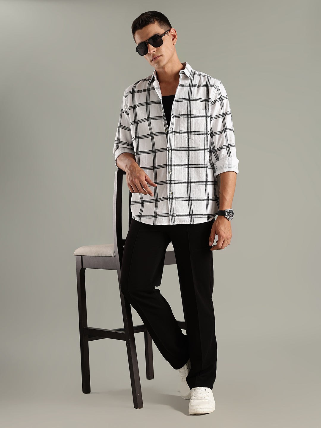 Men White Cotton Dobby Checks Shirt