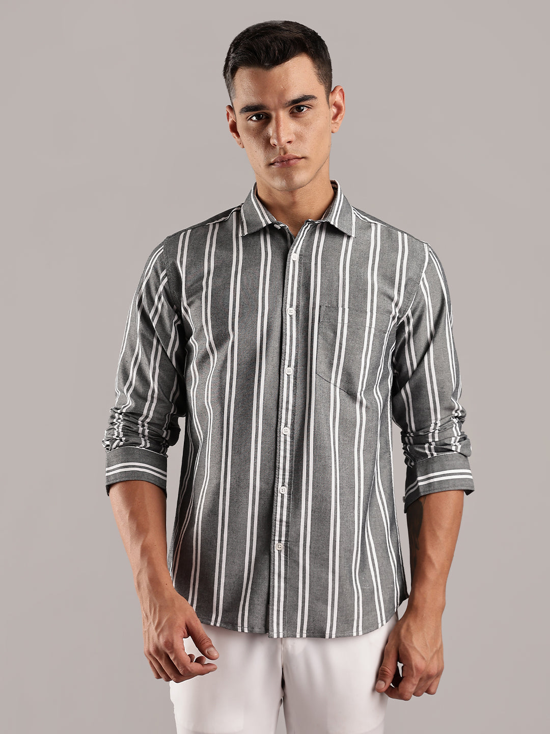 Oxford Green Casual Stripes Shirt