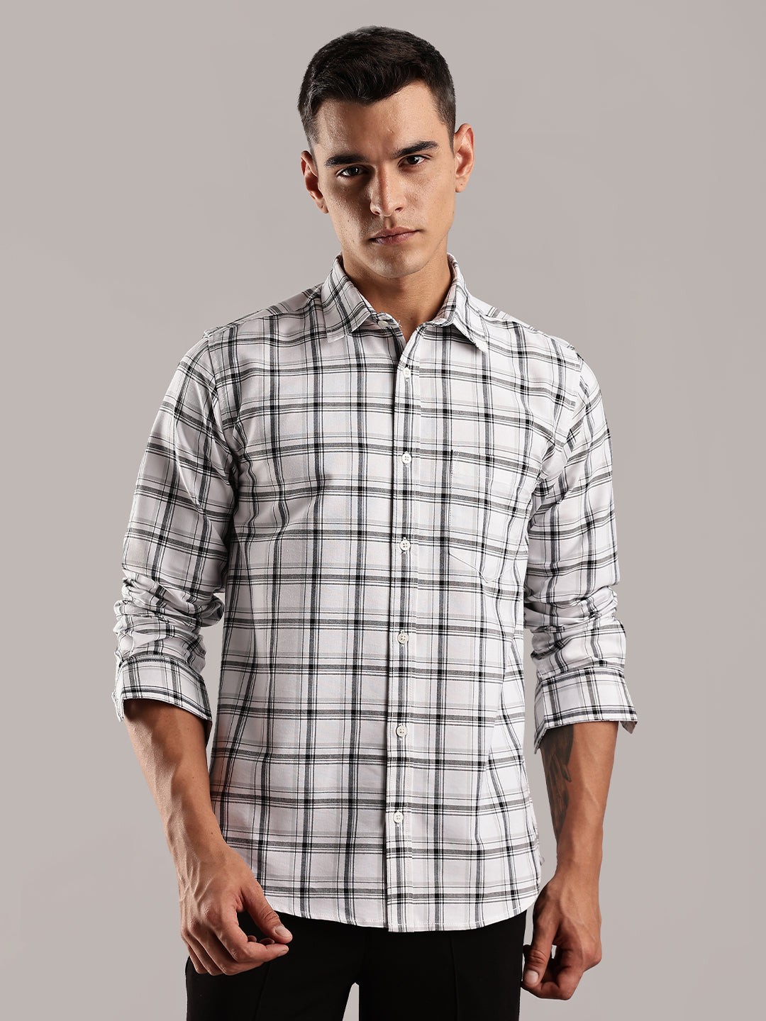 Button Down White Checks Cotton Shirt