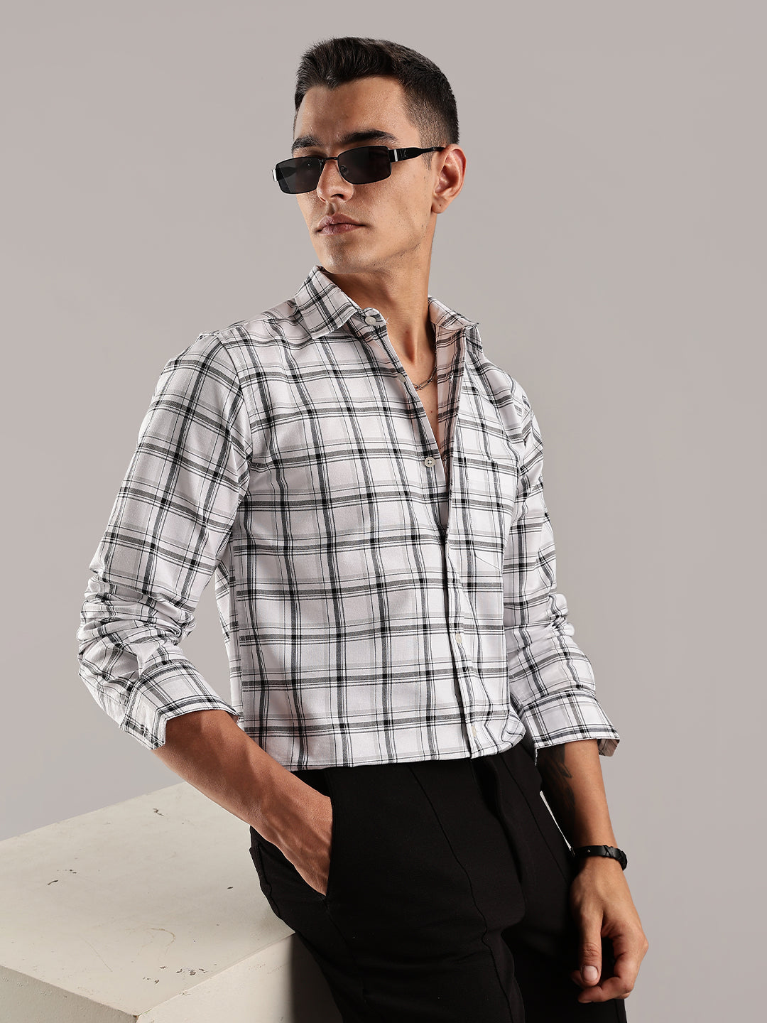 Button Down White Checks Cotton Shirt