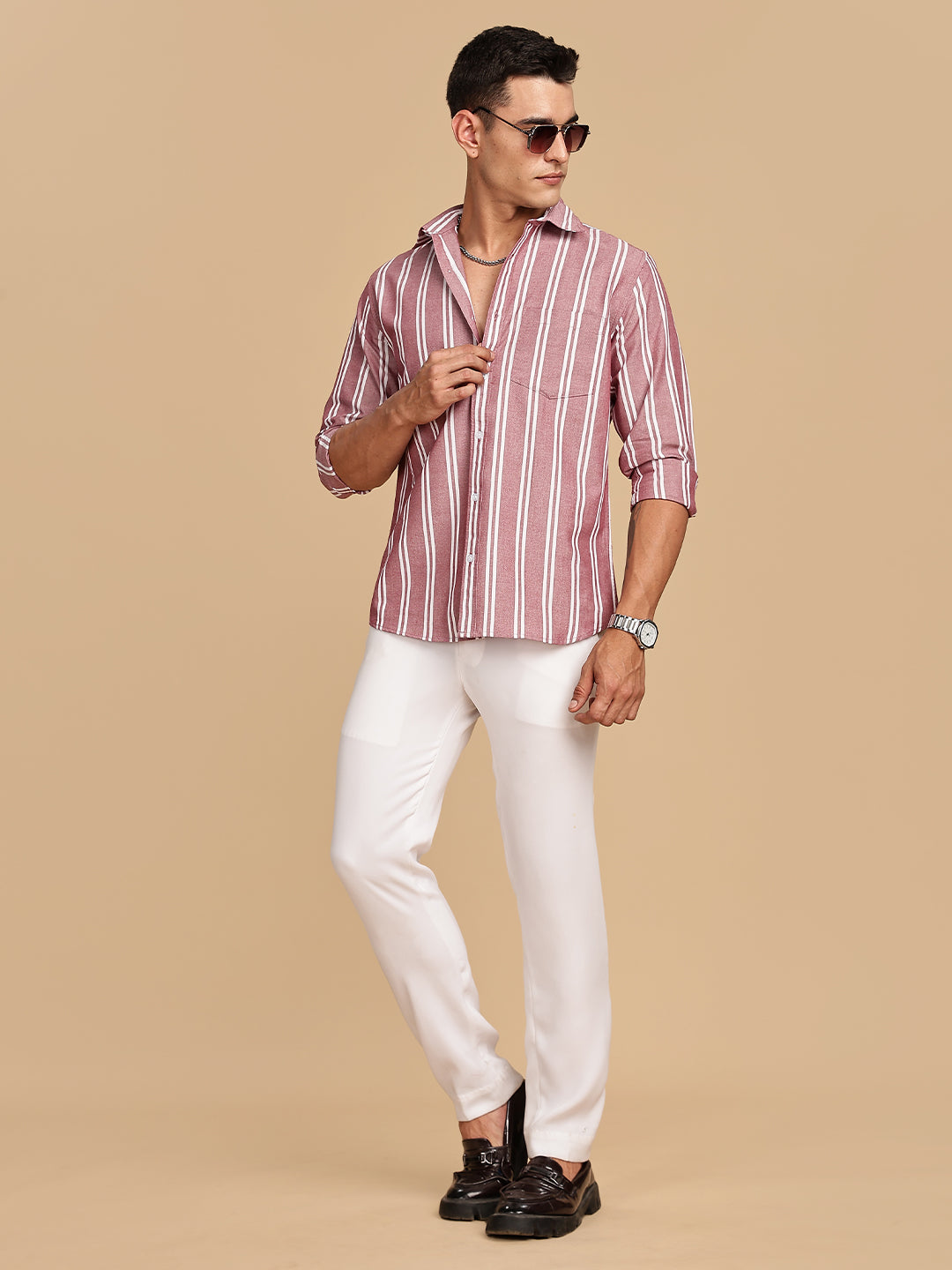 Oxford Maroon Regular Stripes Shirt