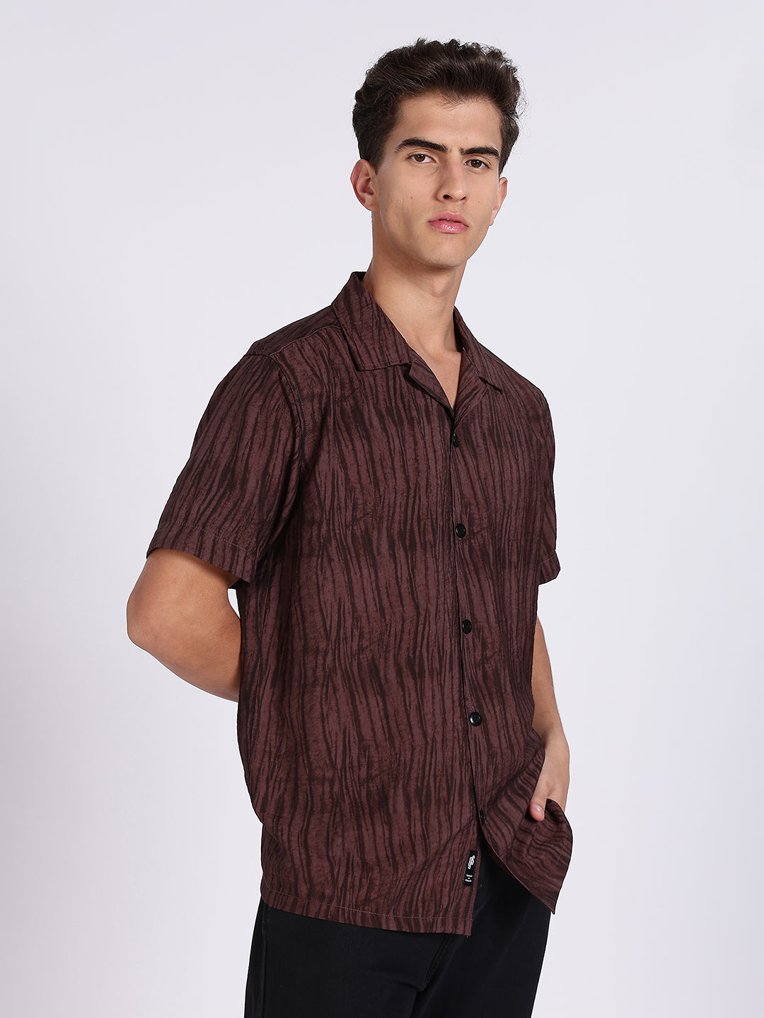 Men Brown Camouflage Viscose Cuban Collar Shirt