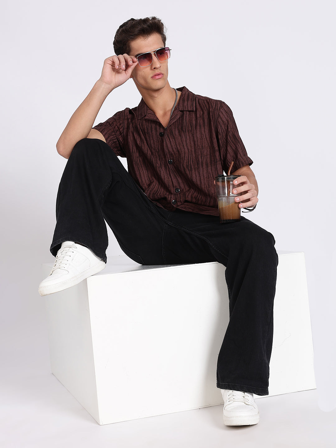 Men Brown Camouflage Viscose Cuban Collar Shirt