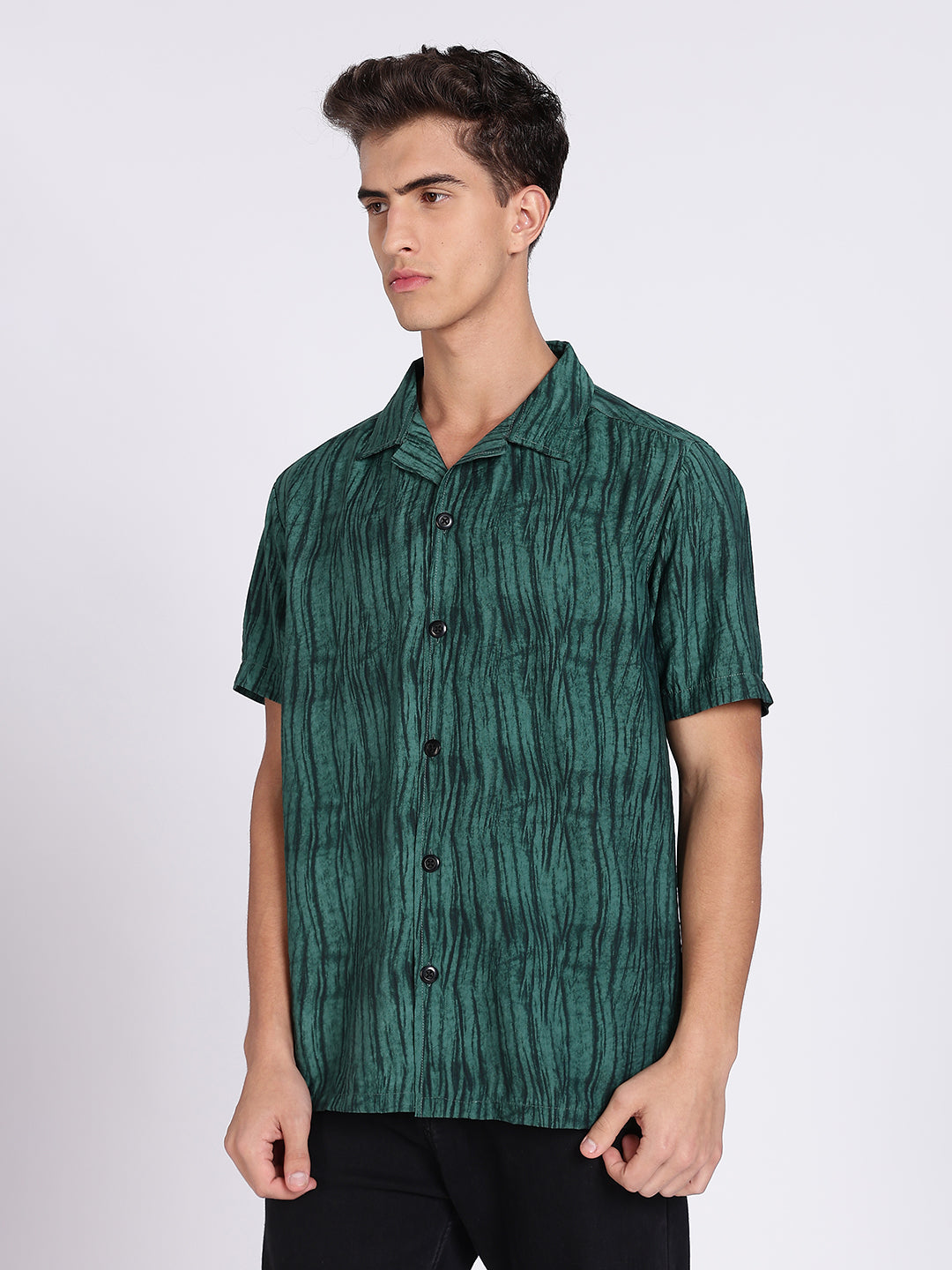Men Green Camouflage Viscose Cuban Collar Shirt